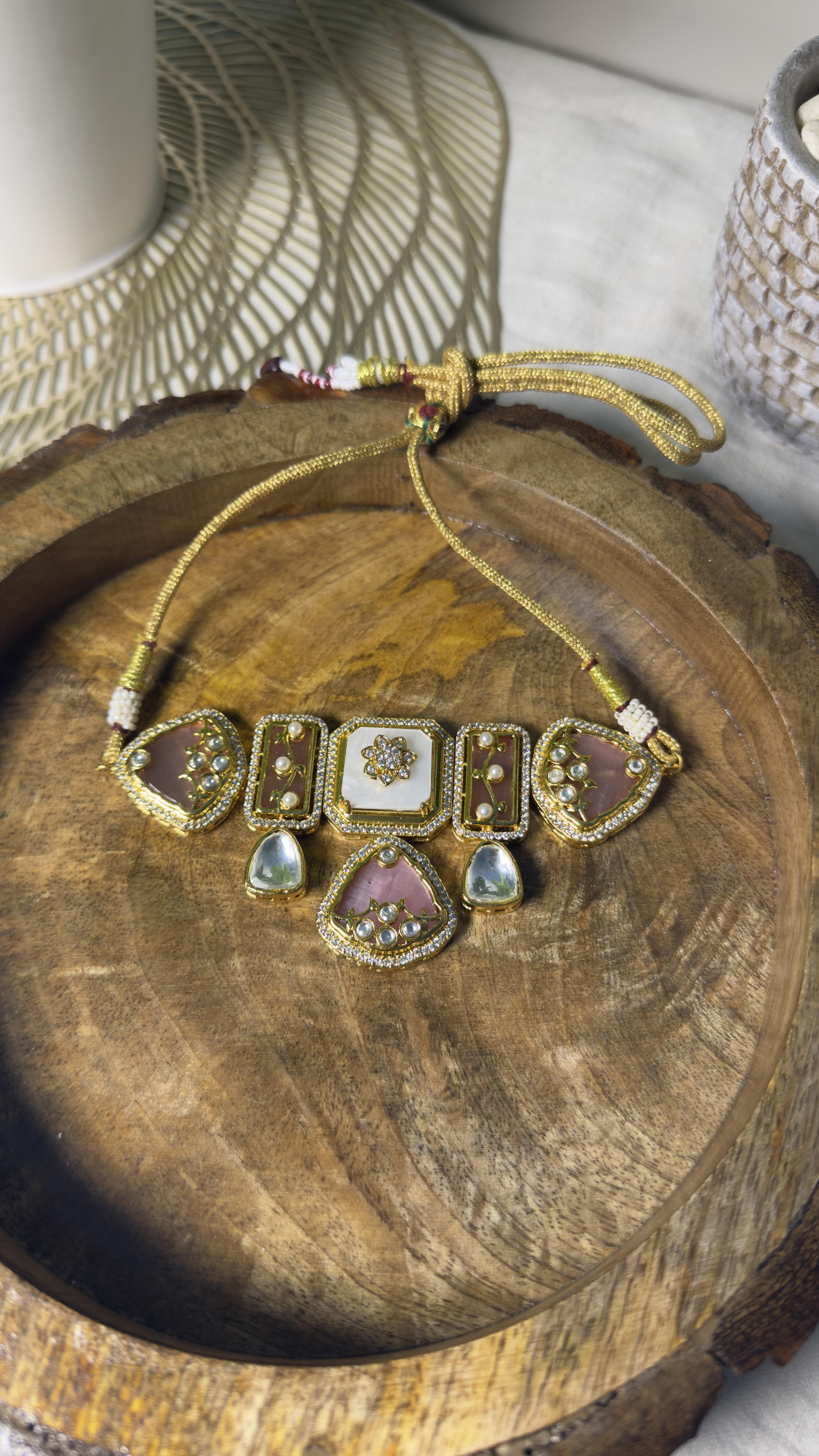 Samridhi Rose Cabochon Collar Set on wooden platter