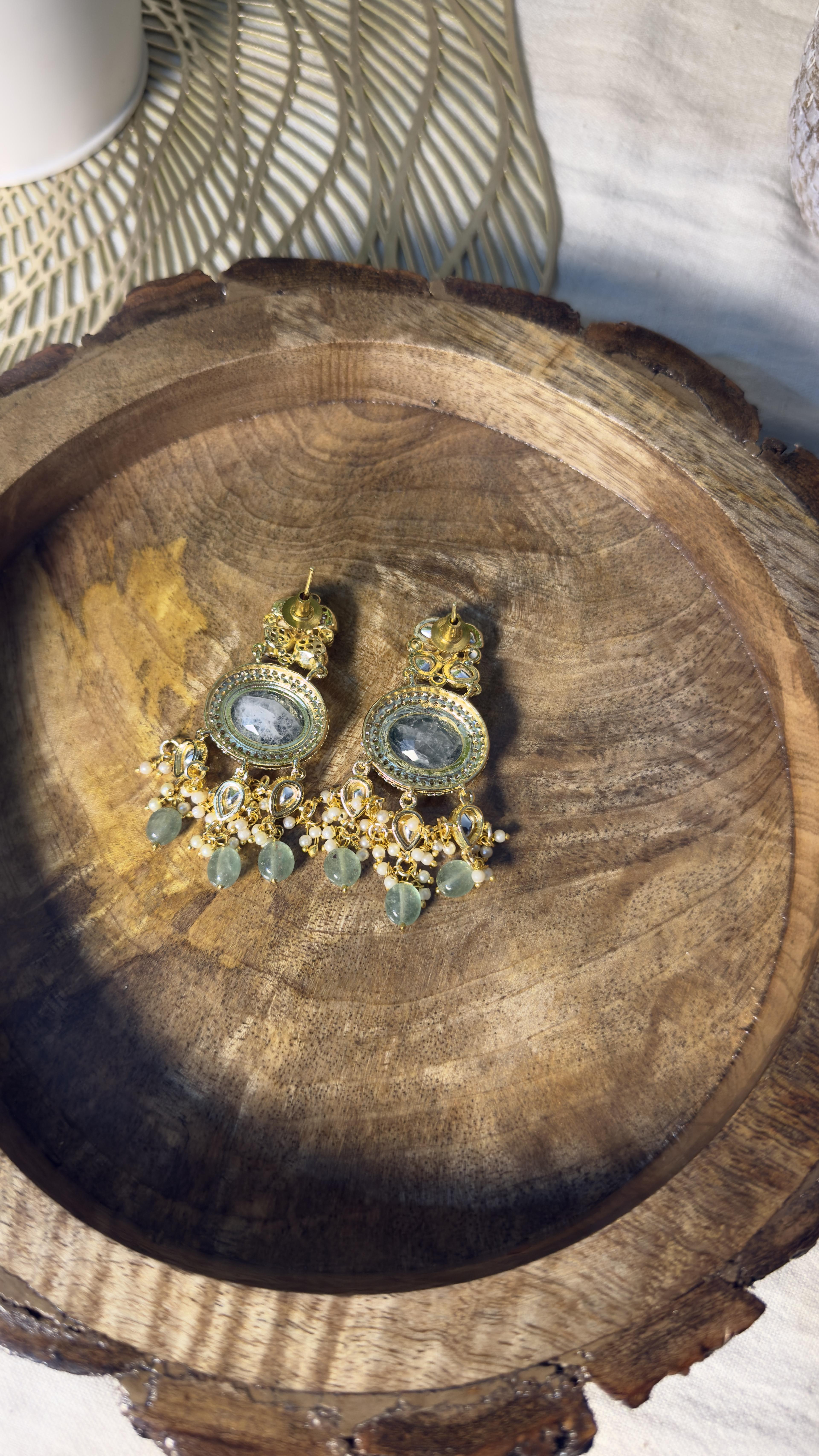 Samridhi Collection oval chandelier earrings with pearl clusters and sage bead drops